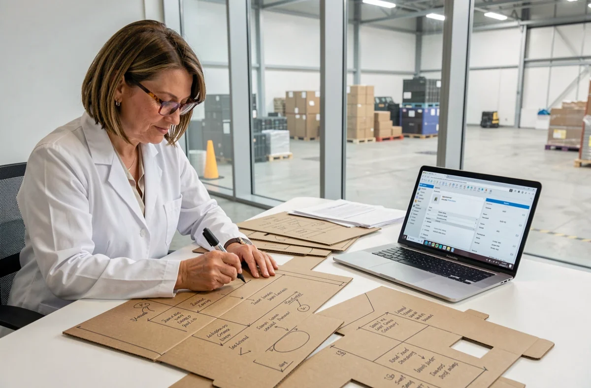 Professionnelle annotant les gabarits de découpe d'un carton avec des mesures et notes de résistance sur un bureau de bureau moderne