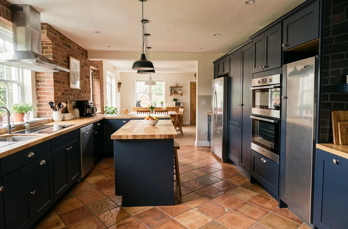Grande cuisine familiale en L de 20 m² avec îlot en bois massif, carrelage terre cuite et armoires bleu marine