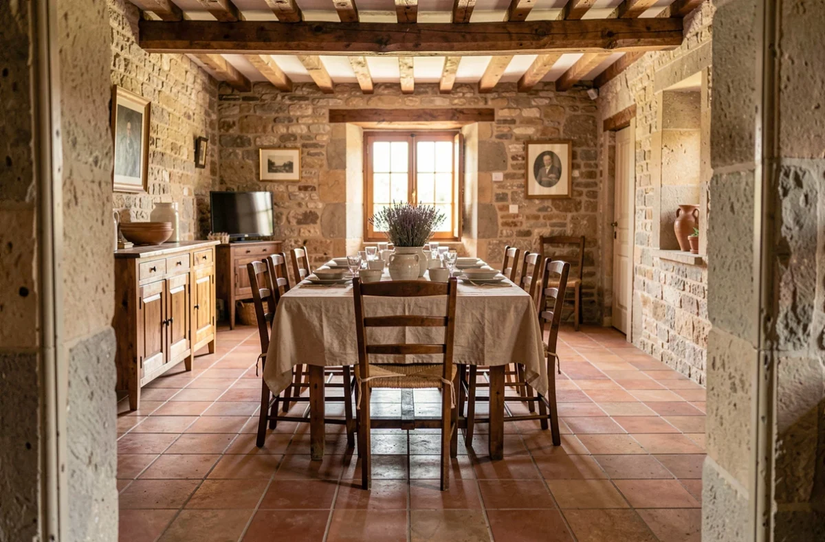 Grande salle à manger traditionnelle dans une maison de campagne française avec table en bois et murs en pierre