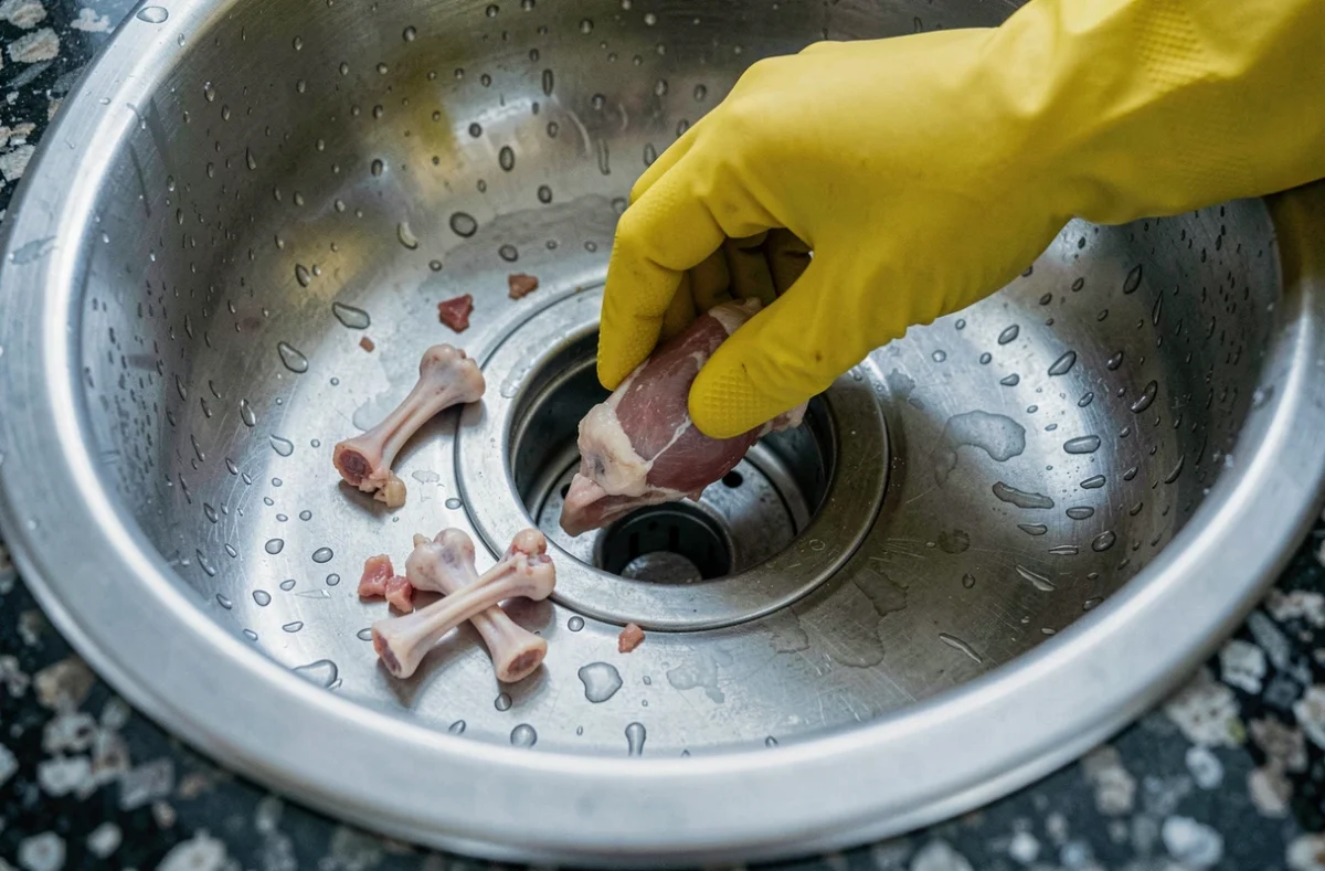 Gros plan sur un broyeur à déchets en inox avec des os de poulet posés près de l'ouverture du drain
