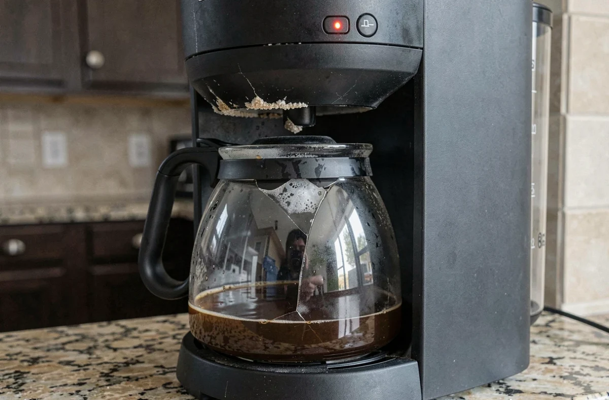 Gros plan d'une cafetière défectueuse avec dépôts de calcaire et voyant d'erreur