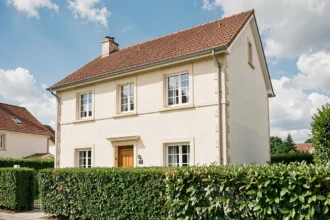 Maison à étage traditionnelle en banlieue française montrant la hauteur complète de la façade jusqu'au faîtage