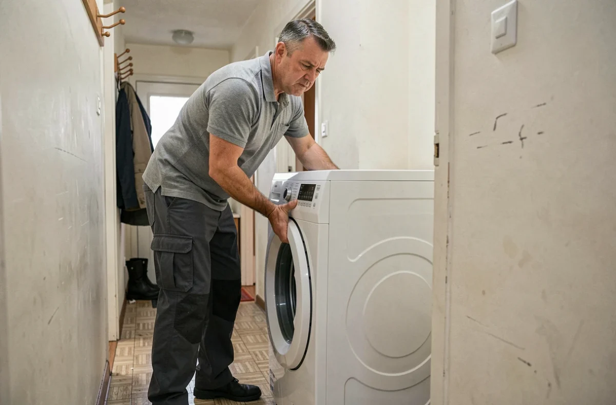 Homme déplaçant un lave-linge hors d'un couloir d'appartement, illustration du transport d'un encombrant électroménager