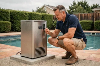 Homme inspectant un chauffe-piscine au gaz installé en extérieur sur une terrasse carrelée