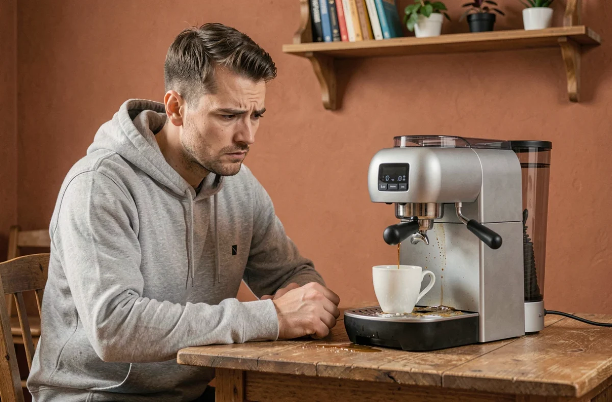 Homme perplexe face à une machine à expresso qui fonctionne mal dans un appartement