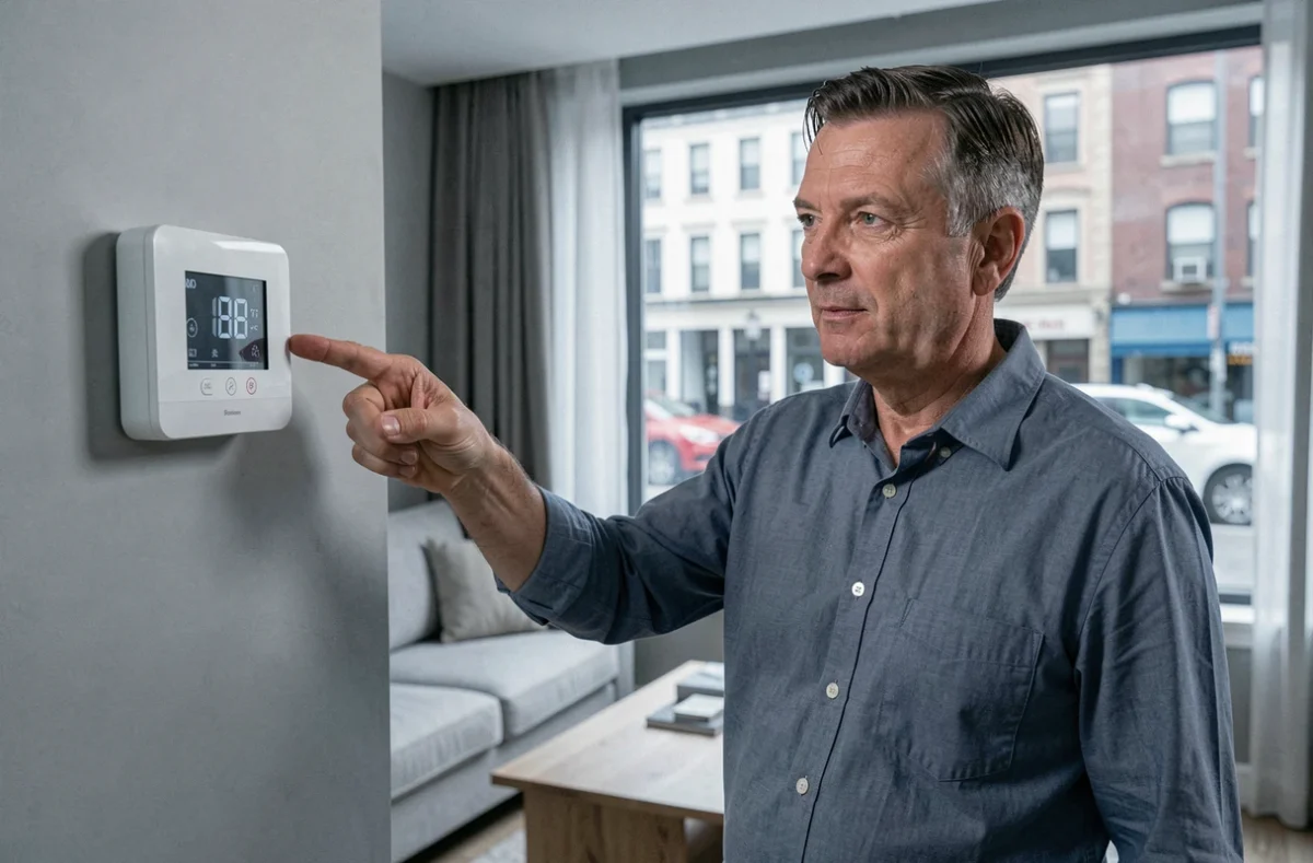 Homme consultant un thermostat numérique dans un salon moderne pour gérer sa consommation de gaz