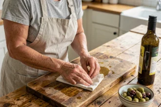 Femme appliquant de l'huile d'olive sur une planche à découper en bois dans une cuisine rustique