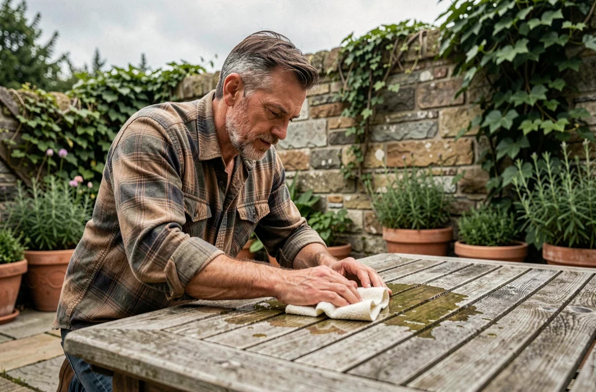 Homme entretenant une table en bois de jardin avec de l'huile d'olive sur une terrasse en pierre