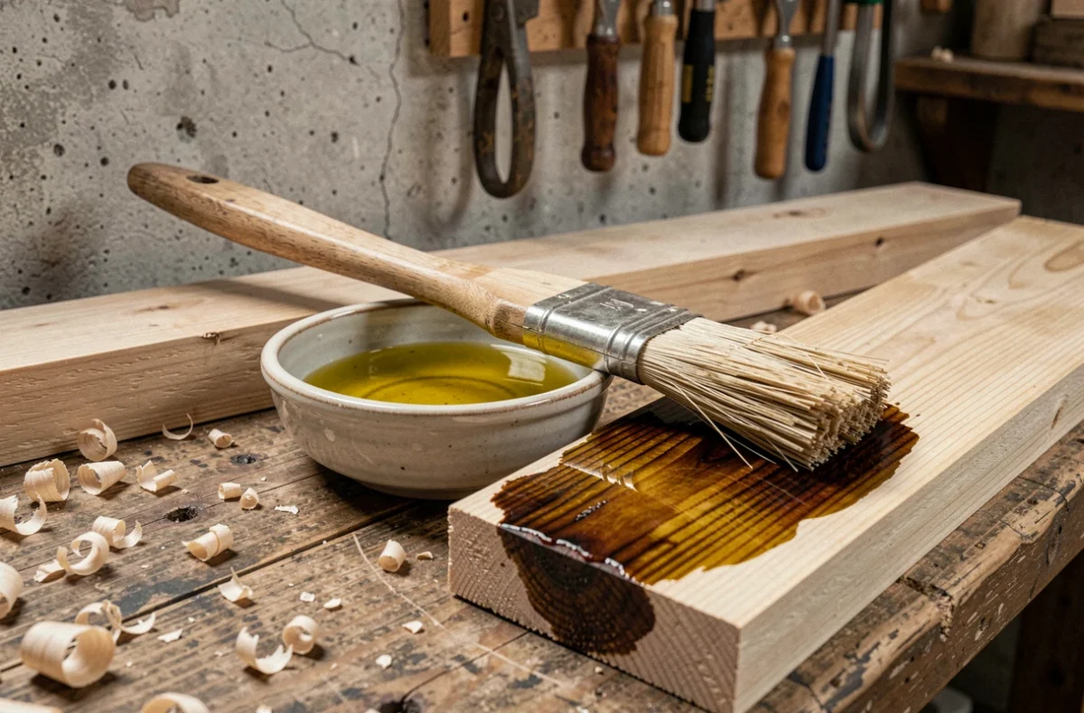 Gros plan sur un bol d'huile d'olive et un pinceau pour traiter des planches de bois brut dans un atelier
