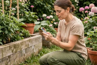 Femme identifiant une plante dans son jardin avec une application mobile de reconnaissance végétale