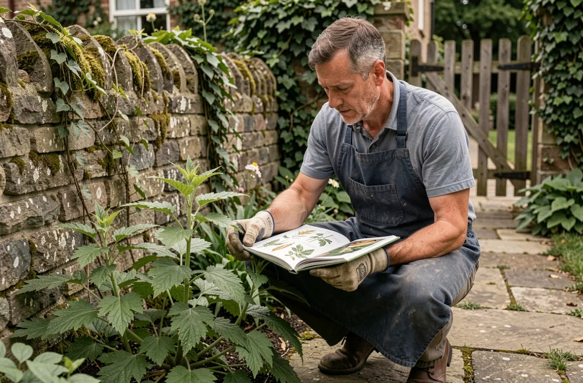 Homme identifiant une plante sauvage dans un jardin de campagne avec un guide botanique illustré