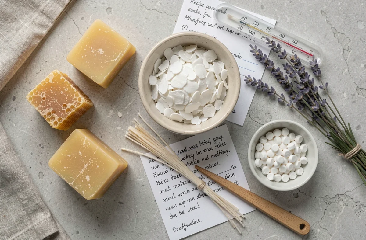 Vue du dessus d'un assortiment d'ingrédients pour fabriquer des bougies : cire d'abeille brute, flocons de cire de soja et pastilles de paraffine sur surface en pierre