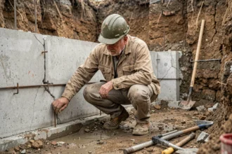 Ingénieur de chantier inspectant les fondations en béton d'une maison lors de travaux de renforcement en sous-œuvre