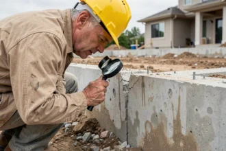 Inspecteur en bâtiment examinant une fissure dans les fondations en béton d'une maison