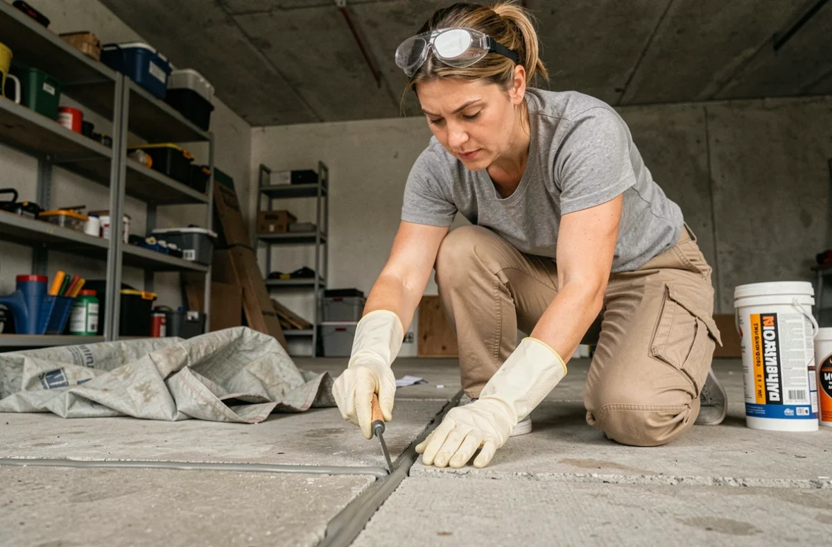 Femme inspectant l'étanchéité d'un joint de sol en béton dans un garage résidentiel
