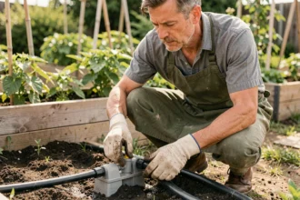 Homme installant un système d'arrosage goutte-à-goutte dans un potager avec des tuyaux et raccords en plastique