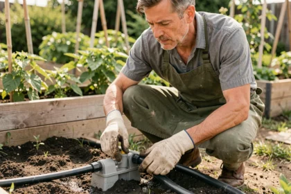 Homme installant un système d'arrosage goutte-à-goutte dans un potager avec des tuyaux et raccords en plastique