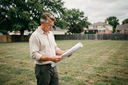 Homme examinant des plans d'architecte sur un terrain vide pour installer un bungalow