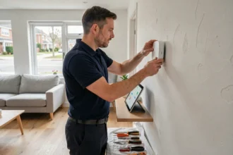 Technicien installant un hub domotique sur le mur d'un salon moderne pour une maison intelligente