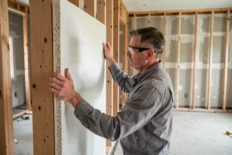 Ouvrier installant un panneau isolant rigide en alternative aux cloisons sèches dans une pièce en rénovation