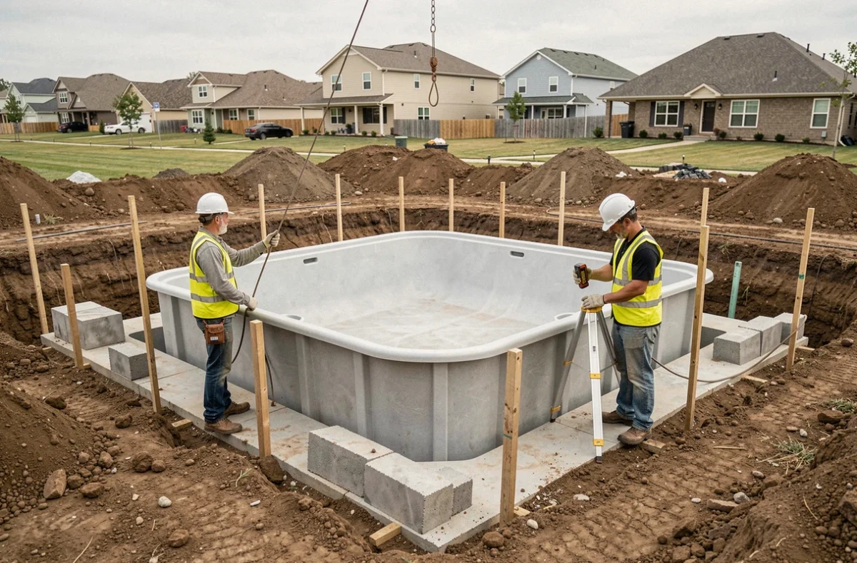 Chantier d'installation d'une piscine coque en fibre de verre dans un jardin résidentiel