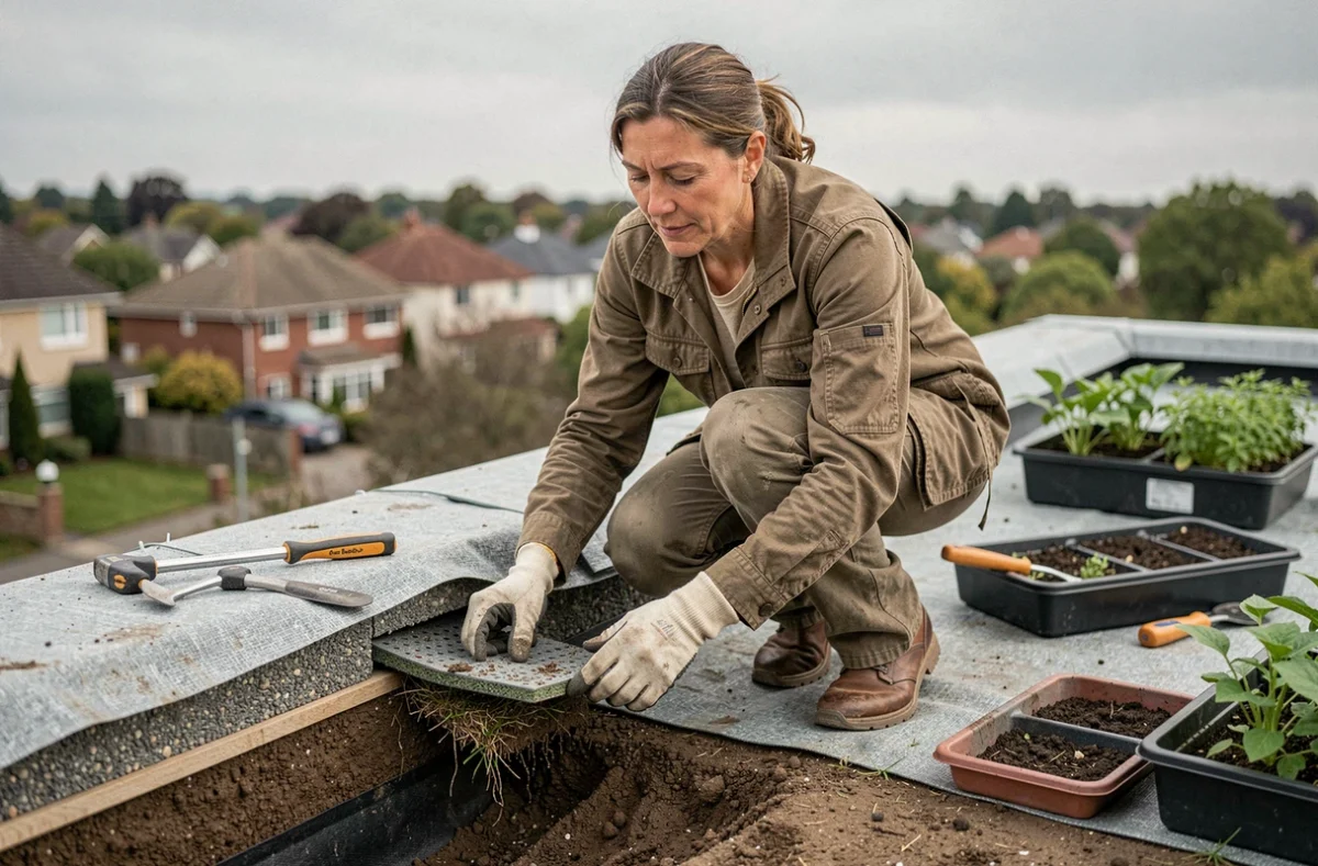 Architecte paysagiste inspectant les couches d'un système de toit vert en cours d'installation sur un bâtiment résidentiel