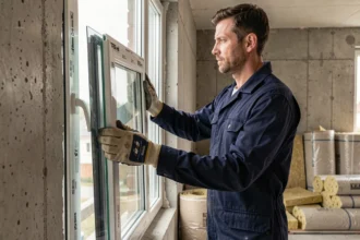 Technicien vitrier installant une fenêtre à triple vitrage dans un appartement en rénovation