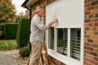 Homme installant un volet roulant blanc sur une maison en briques dans un jardin en automne