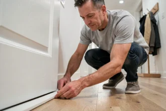 Homme installant un bas de porte en mousse pour combler l'espace sous une porte intérieure en bois blanc