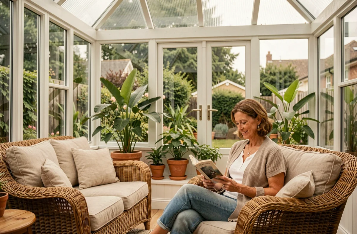 Intérieur chaleureux d'une véranda aménagée en salon de détente avec mobilier en rotin et plantes tropicales