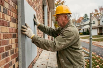 Ouvrier installant des panneaux d'isolation extérieure sur la façade d'une maison individuelle, travaux de rénovation énergétique éligibles aux aides fiscales