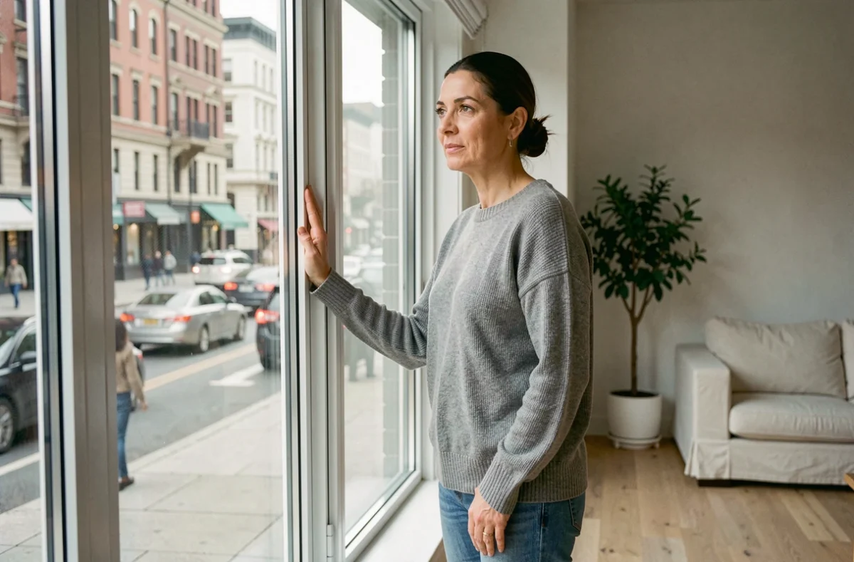 Femme écoutant l'isolation phonique d'une fenêtre triple vitrage face à une rue animée