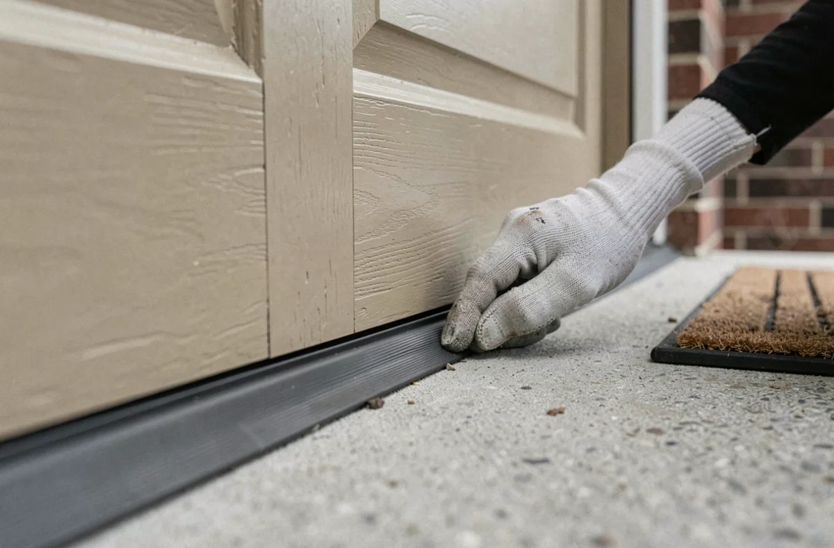 Pose d'un joint d'étanchéité en caoutchouc sous une porte d'entrée pour boucher un espace avec le seuil
