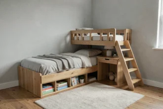 Lit cabine en bois de chêne naturel avec bureau intégré dans une chambre d'enfant minimaliste de style scandinave