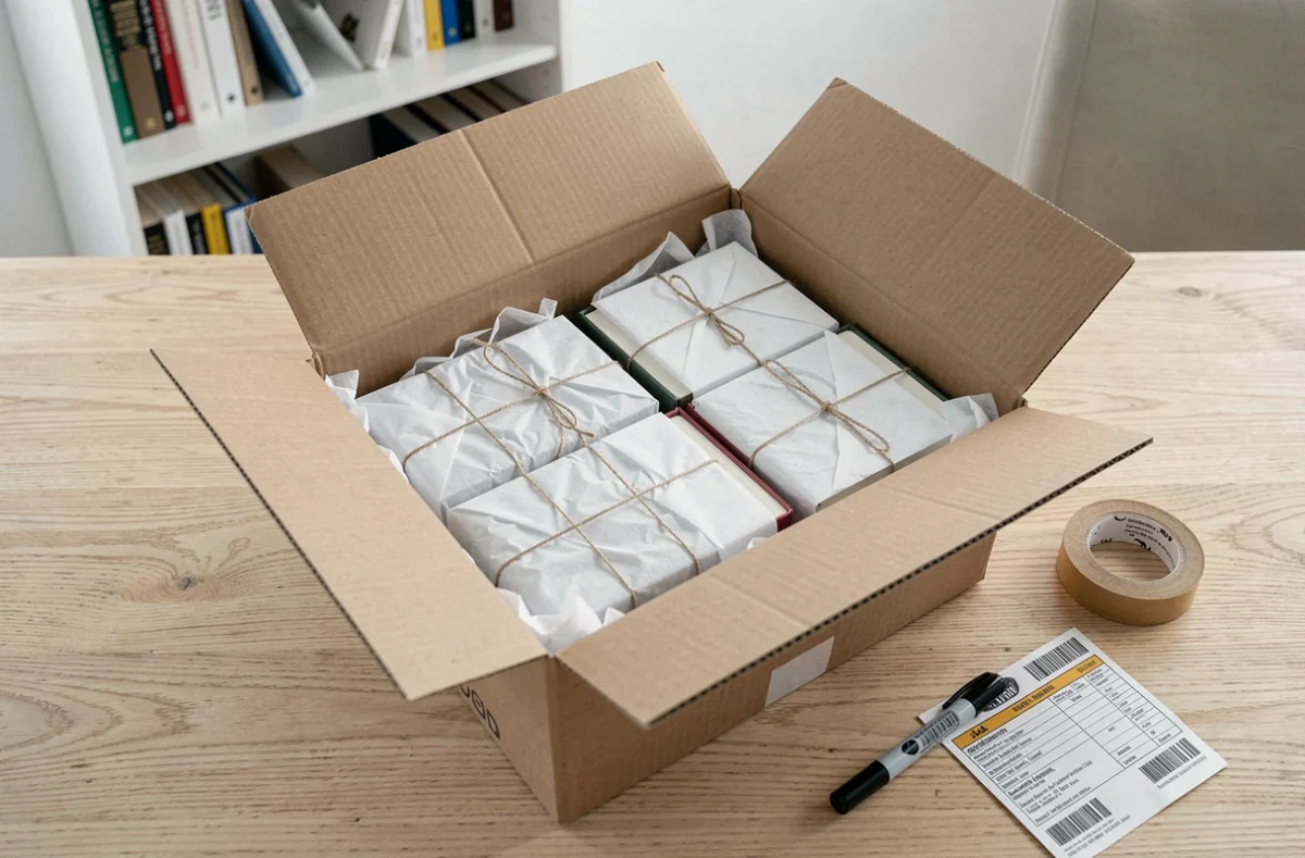 Livres soigneusement emballés dans du papier de soie et calés dans une boîte d'expédition avec du papier de rembourrage