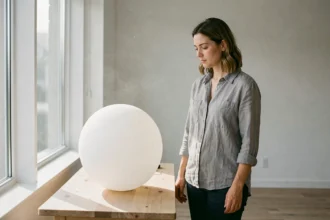Photographe féminine observant la lumière naturelle sur une sphère blanche dans un studio minimaliste, illustrant la différence entre lumière naturelle et éclairage artificiel