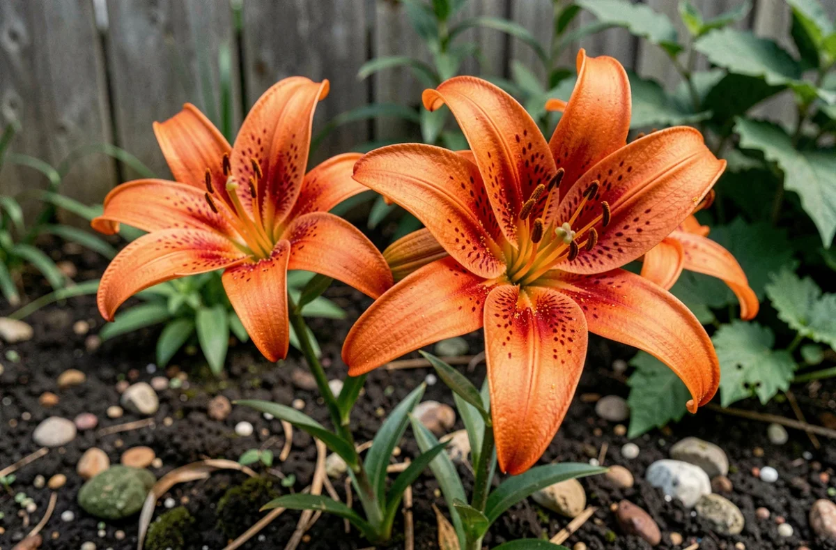 Lys asiatiques en pleine floraison plantés directement en pleine terre au jardin