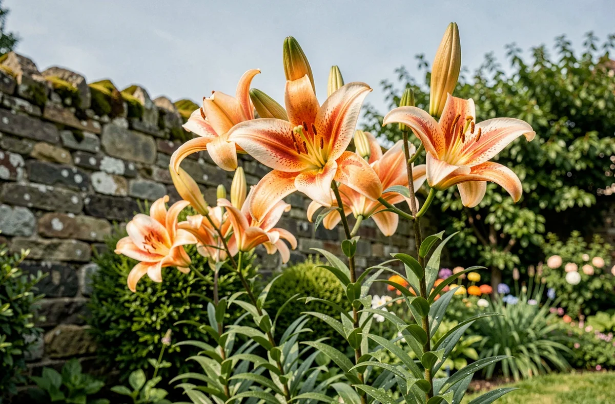 Lys en fleurs plantés en extérieur dans un jardin de cottage en été
