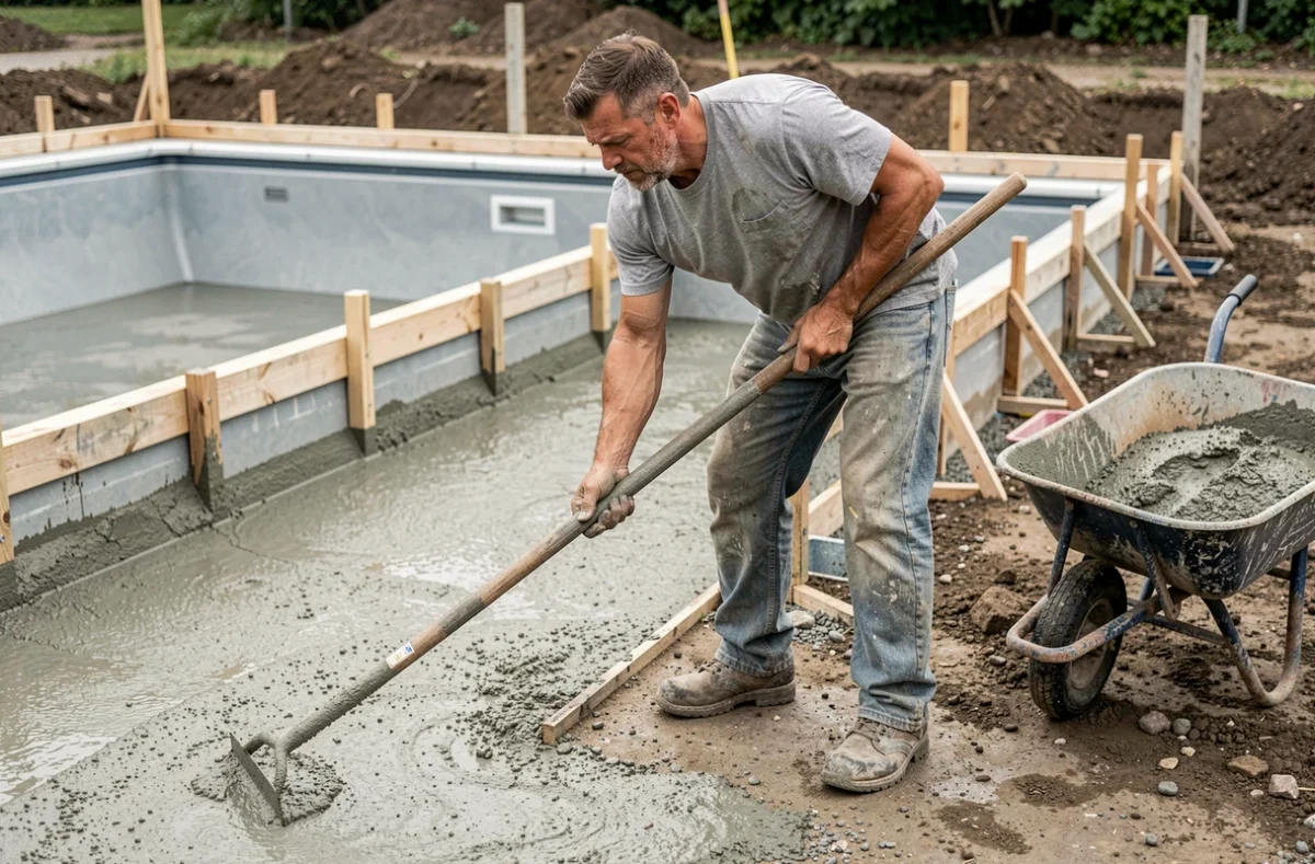 Maçon professionnel lissant le béton frais autour d'une piscine en construction