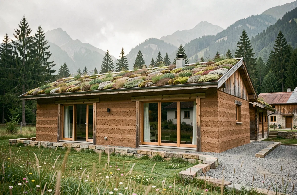 Maison écologique en pisé et bois recyclé avec toit végétalisé dans un village de montagne français
