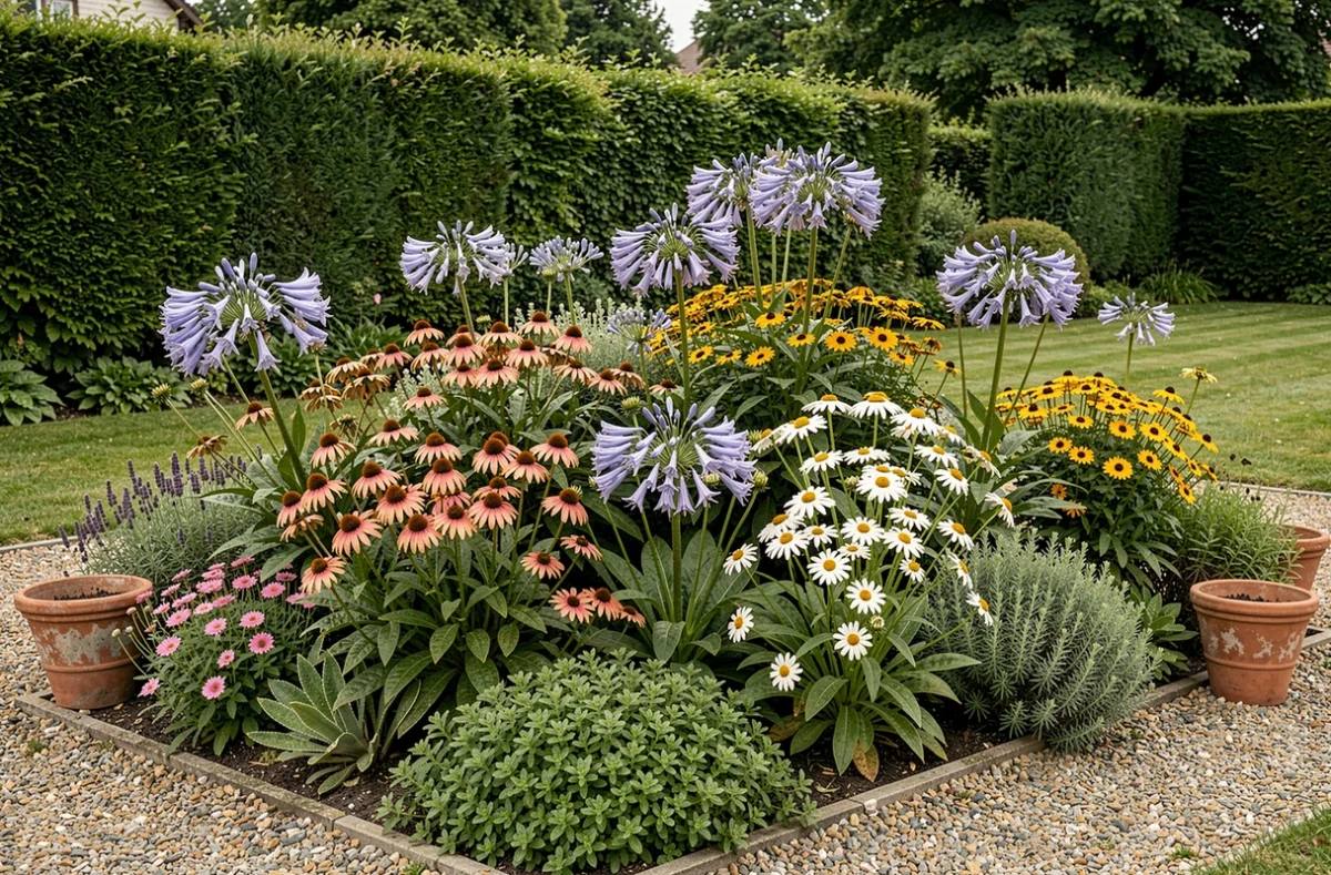 Massif de jardin en fleurs avec échinaçées, rudbeckias et agapanthes bien agencés