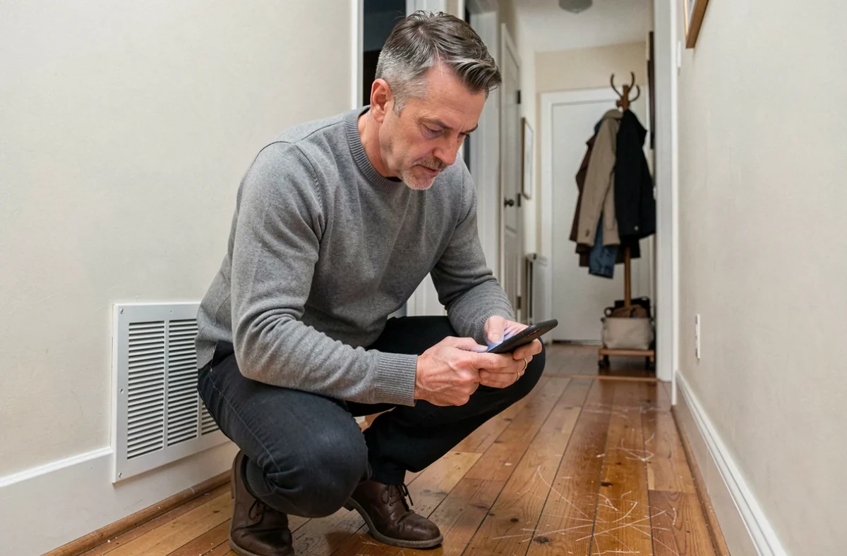Homme mesurant le taux de CO2 avec son smartphone près d'une grille de ventilation dans un couloir