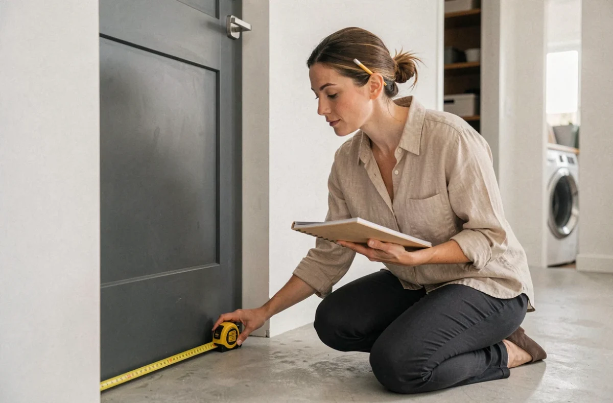 Femme mesurant l'espace sous une porte intérieure grise avant d'installer une solution d'isolation