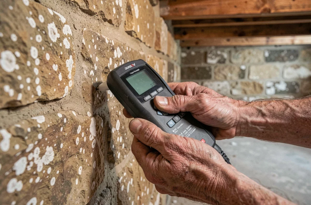 Mesure de l'humidité des fondations en pierre d'un sous-sol de maison ancienne