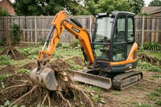 Mini-pelle compacte avec pince hydraulique en train d'arracher une grosse souche dans un jardin résidentiel