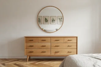Miroir rond de 60 cm au-dessus d'une commode en chêne dans une chambre moderne