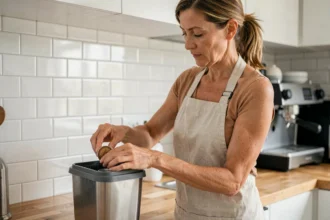 Femme déposant une capsule de café usagée dans un bac de recyclage dédié dans sa cuisine