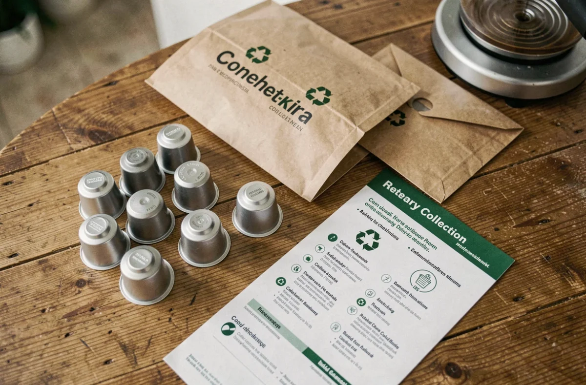 Vue aérienne d'un arrangement de capsules de café usagées avec enveloppe de collecte et guide de recyclage sur une table en bois