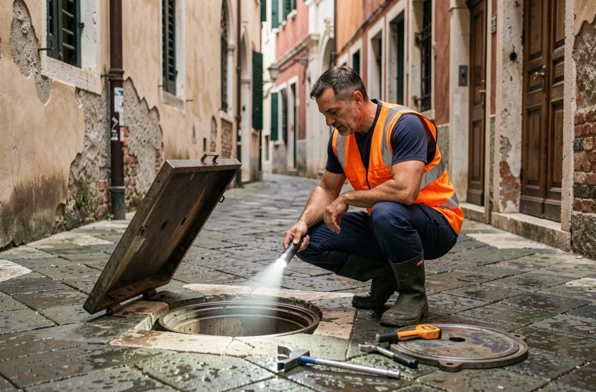 Ouvrier municipal inspectant un regard d'égout ouvert dans une ruelle pavée de Venise, illustrant la maintenance du réseau d'assainissement de la ville lagunaire