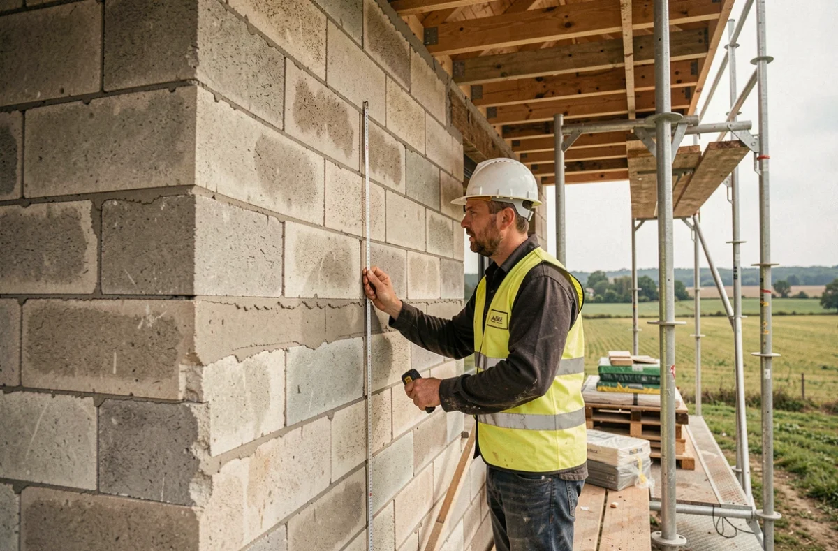 Ouvrier sur échafaudage mesurant la hauteur d'un mur d'une maison à étage en construction